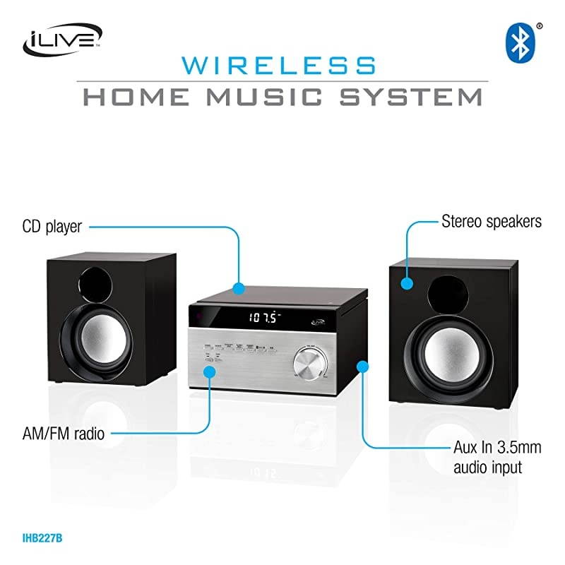 Wireless Home Stereo System with CD Player and AMFM Radio Includes Remote Control iHB227BBlackSilver