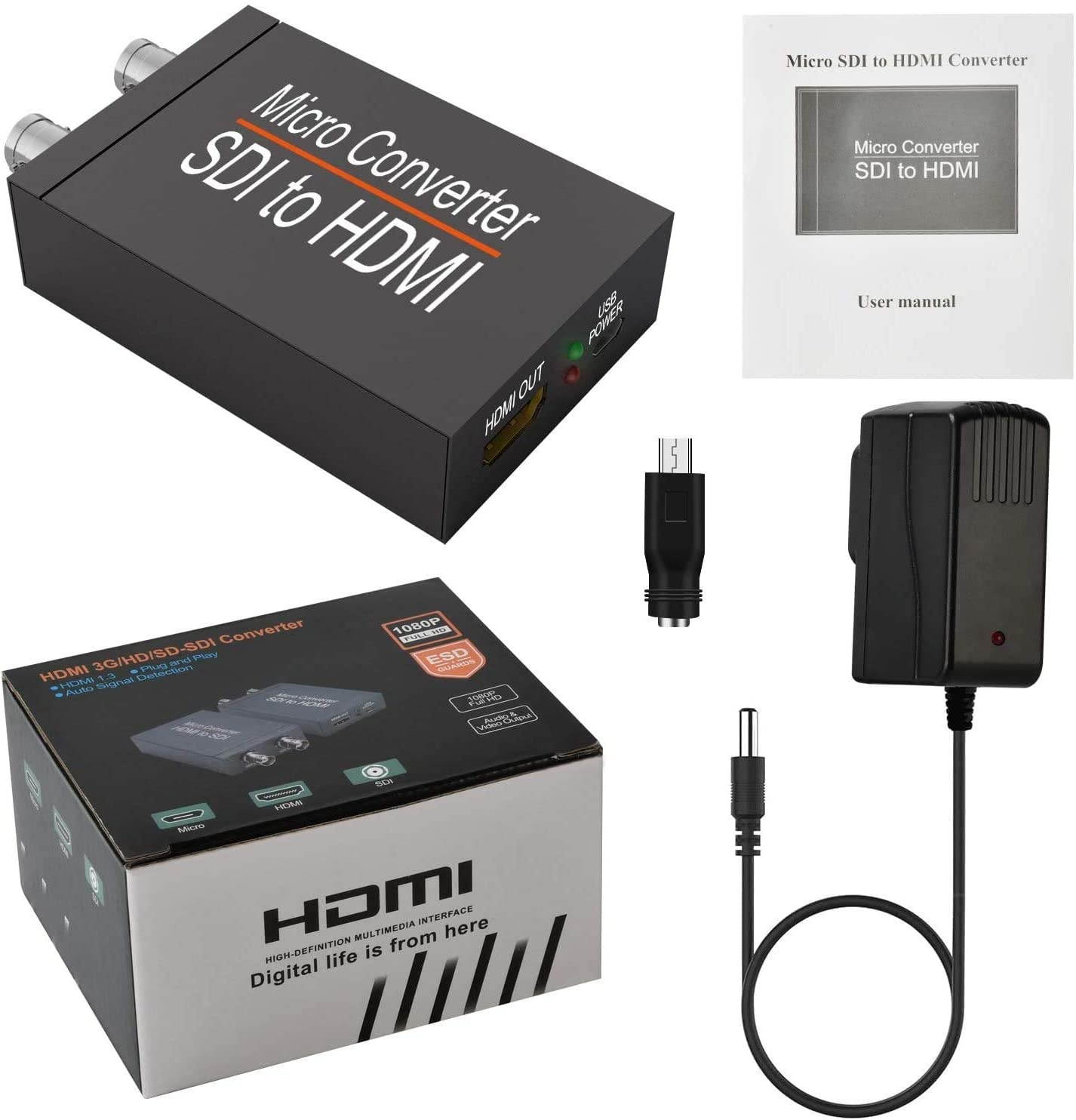 Micro Converter SDI to HDMI,SDI in HDMI Out SDI Loopout Mini Video Converter Adapter,3G/HD/SD-SDI Converter with Power Supply,1080P Video Audio Splitter