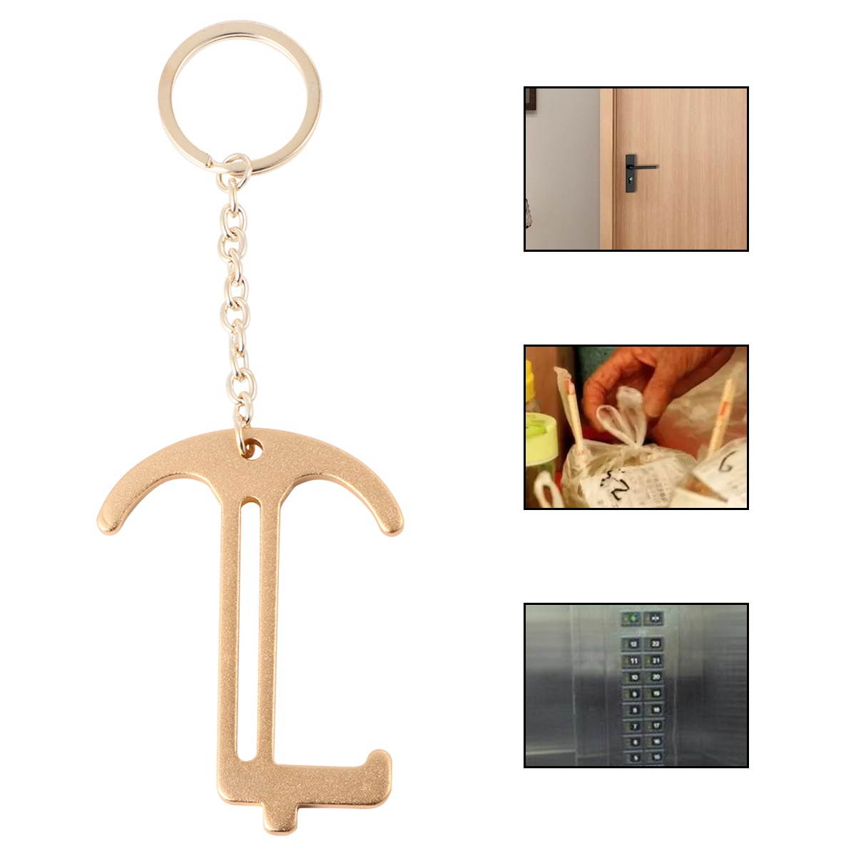 2PCS Portable EDC Door Opening Tool Mini EDC Door Opener Hygiene Door Opening Closing Key Chain (Golden)
