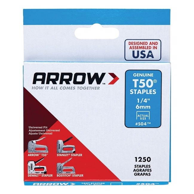 Arrow Fasteners T50 Heavy Duty Staples 0.25" Leg 0.38" Crown Steel 1250/Pack 504