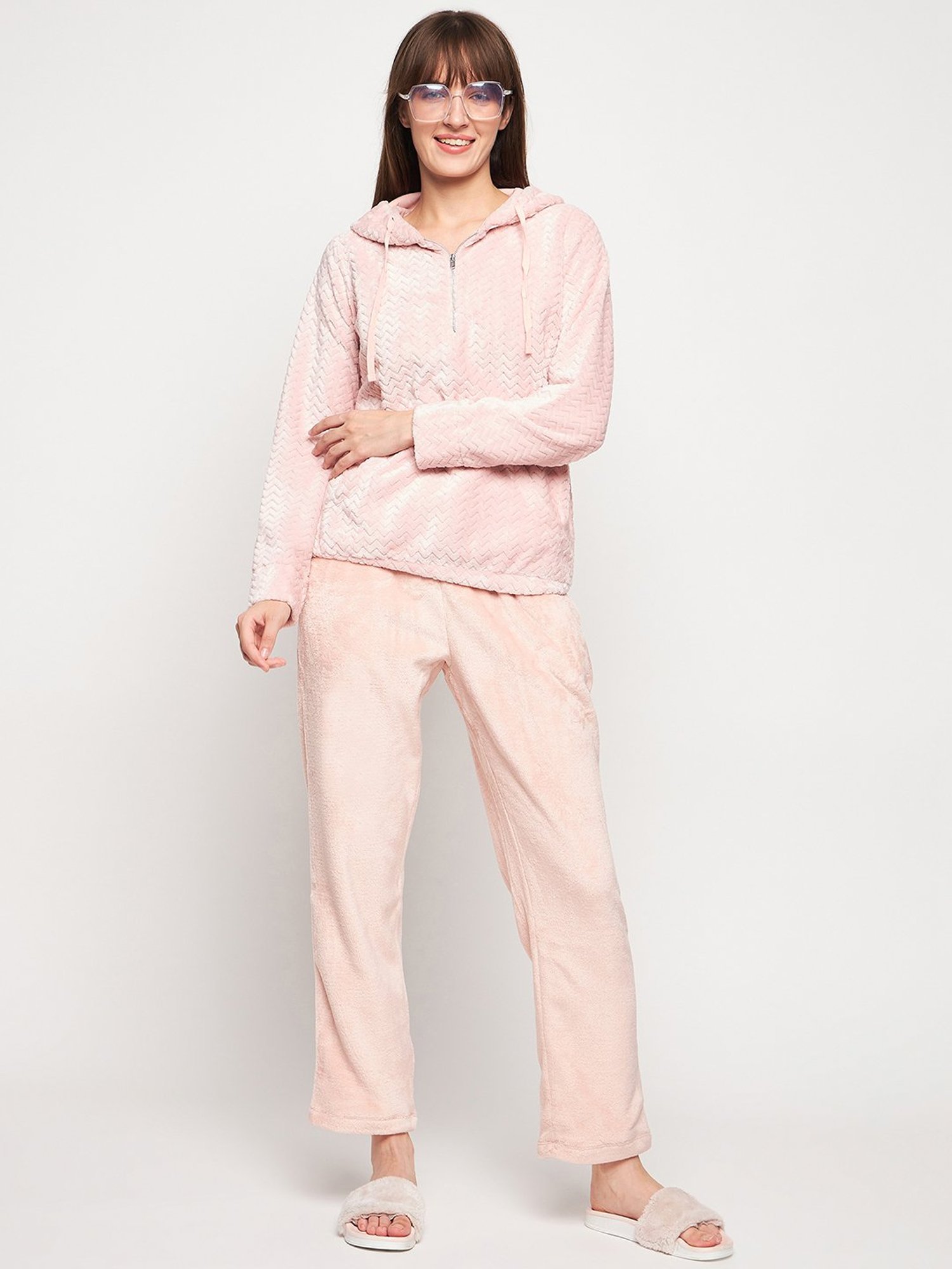 MADAME M Secret Peach Self Design Hoodie With Pyjamas