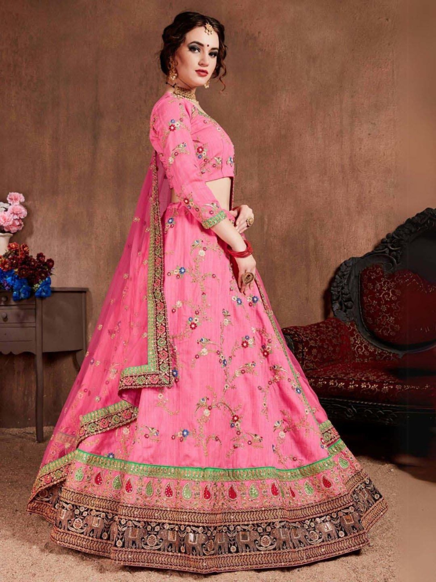 Odette Pink Embroidered Lehenga Choli Set With 2 Pack of Dupatta