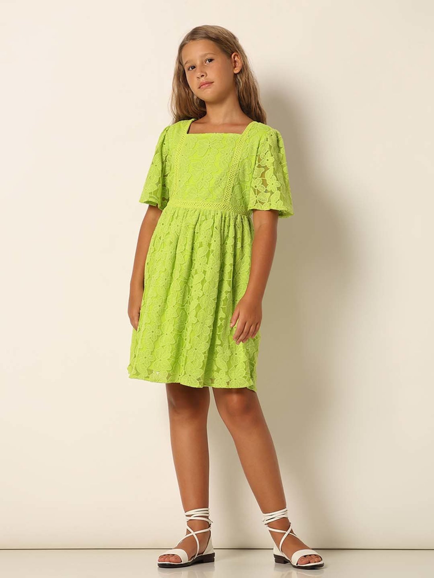 VERO MODA GIRL Lime Green Embroidered Dress