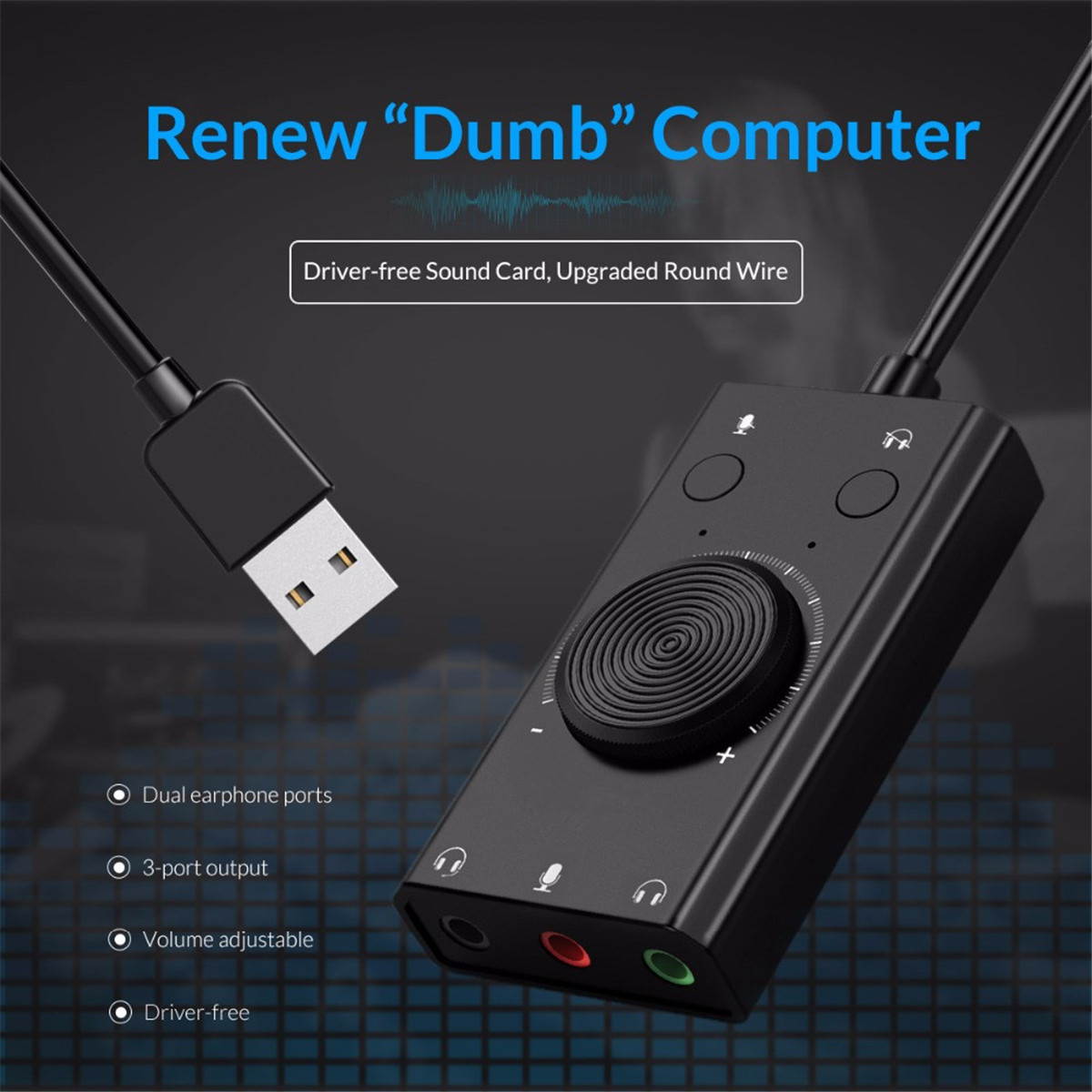 USB Sound Card, USB External Stereo Sound Adapter Splitter Converter with Volume Control for Windows and Mac, Plug & Play, No Drivers Needed