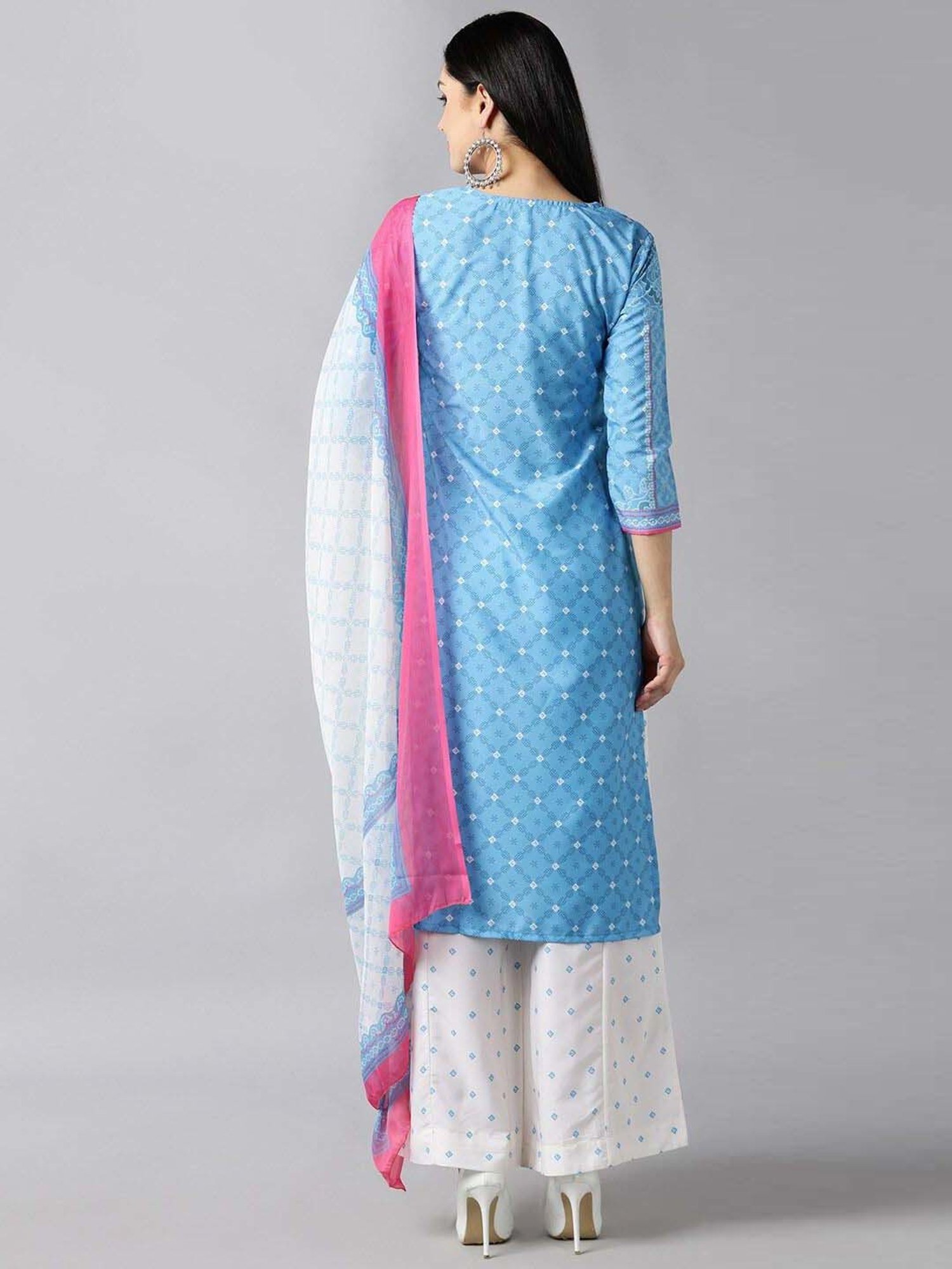 Vaamsi Blue & White Printed Kurta Palazzo Set With Dupatta