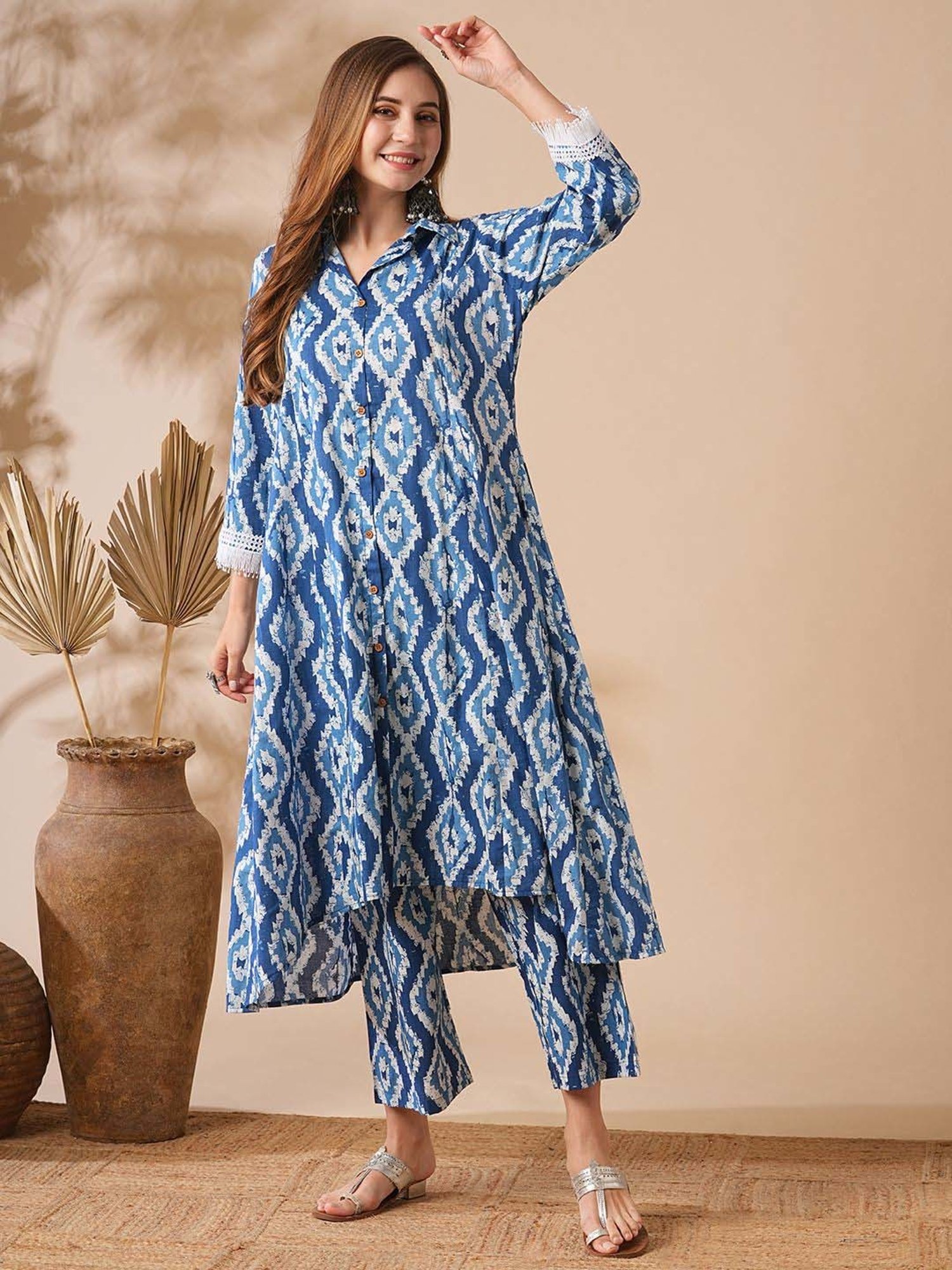 Fashor Blue Cotton Printed Kurta & Pant Set