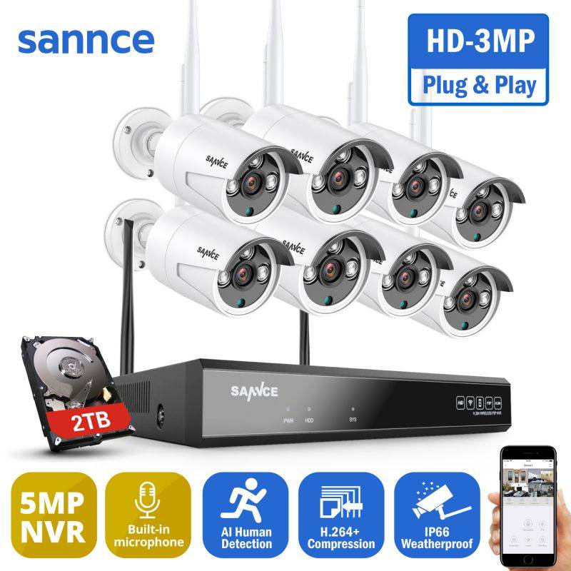 SANNCE 8 Channel 5MP Super HD Wireless NVR Security Camera System with 3MP WiFi Cameras 100 ft Night Vision H.264+ Smart Motion Alerts Built-in Mic AI Human Detection 8 Camera With 2TB HDD