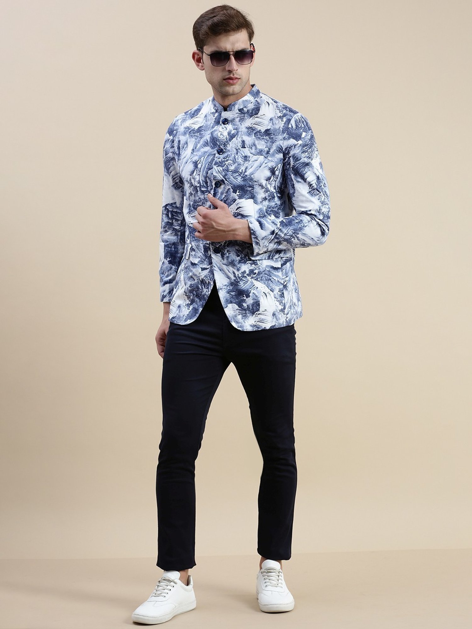 SHOWOFF Blue Slim Fit Printed Blazer