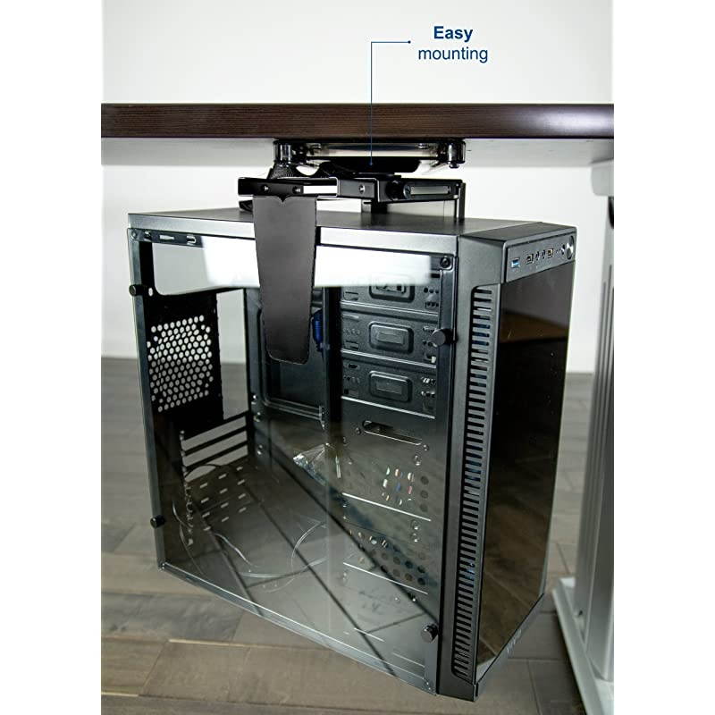 Black Adjustable UnderDesk Slider PC Mount | Computer Case Holder with Pullout Slide Track and 360 Degree Swivel MOUNTPC01D