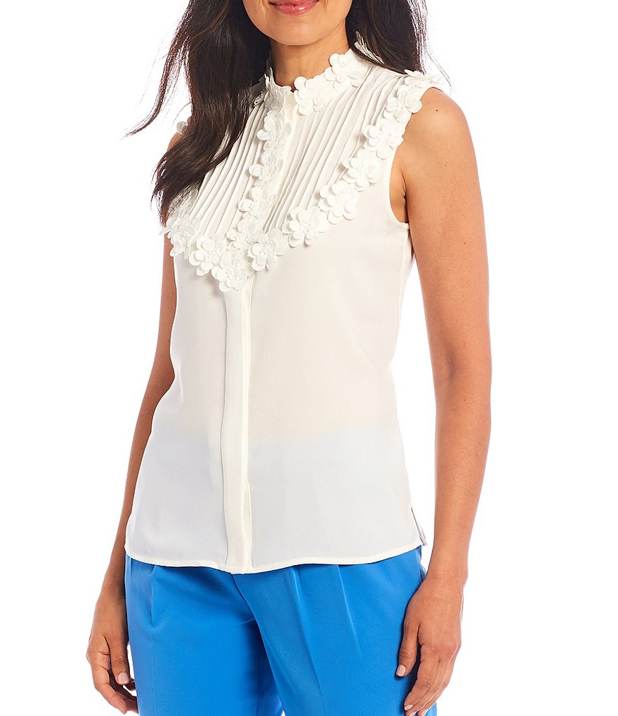 Tahari ASL Mockneck Sleeveless Floral Trim Georgette Top