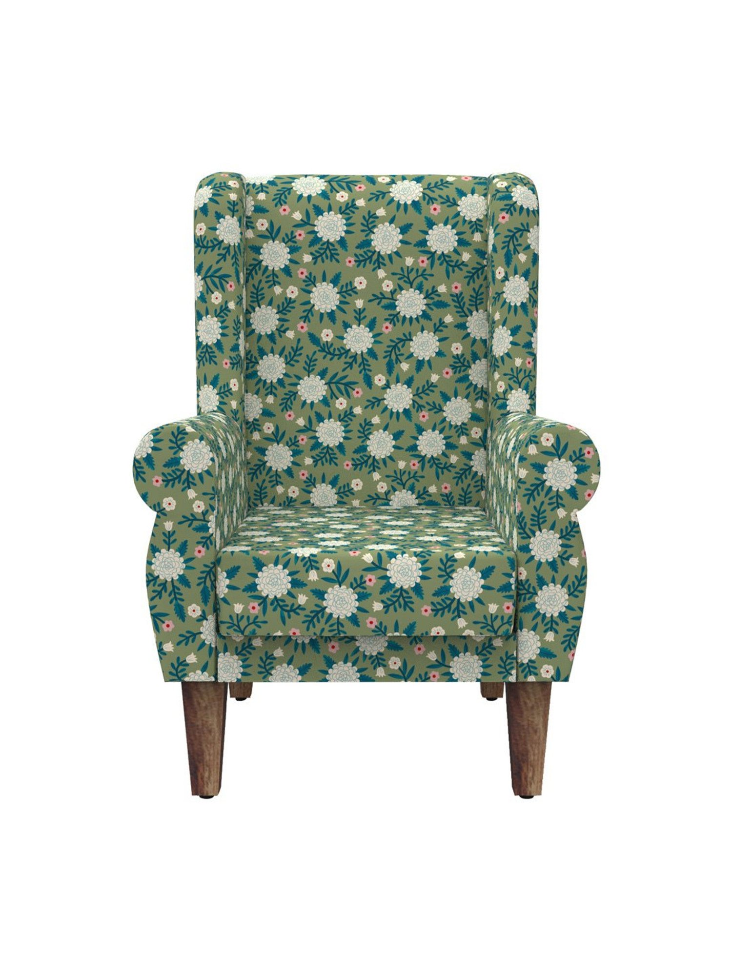 Chumbak Spring Marigold Floral Green Sheesham Wood Begum Wing Chair