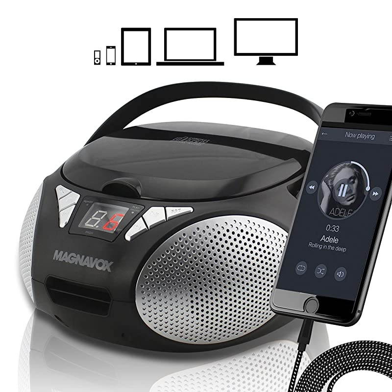 MD6924 Portable Top Loading CD Boombox with AM/FM Stereo Radio in Black | CD-R/CD-RW Compatible | LED Display | AUX Port Supported | Programmable CD Player |