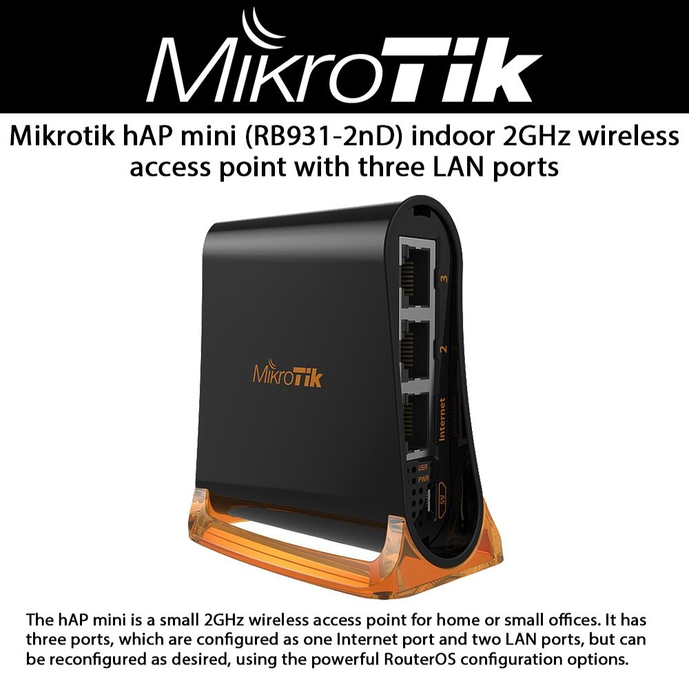Mikrotik hAP mini RB931-2nD Small 2GHz Wireless Access Point 3 x 10/100 Ethernet ports 650MHz CPU RouterOS