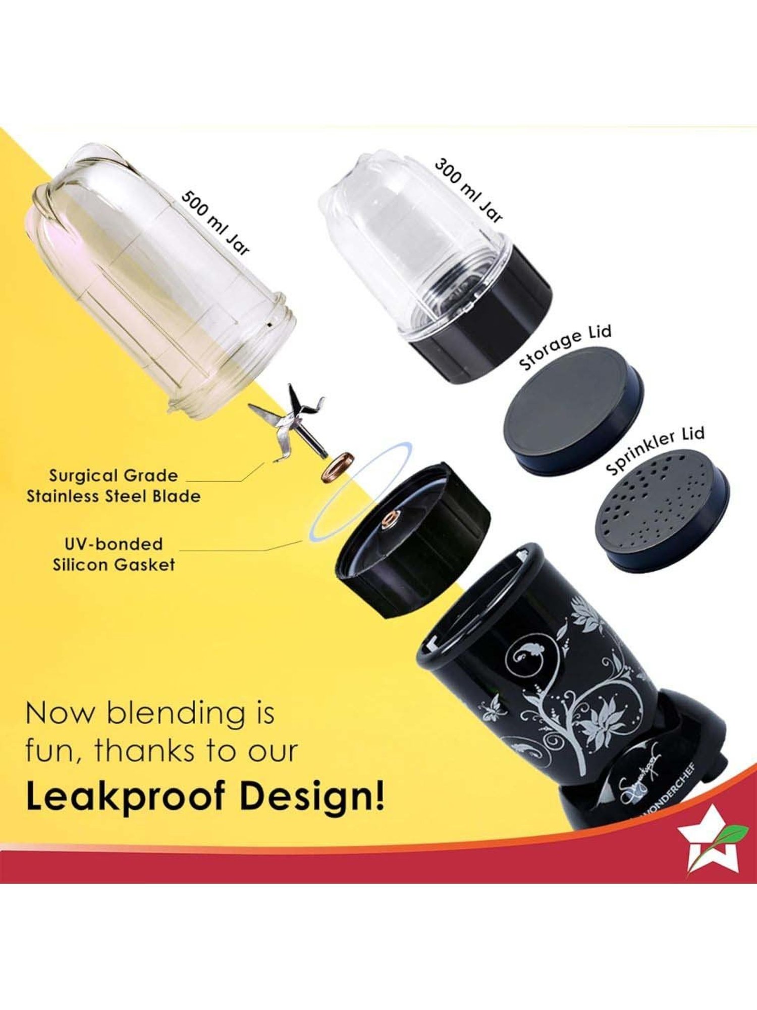 Wonderchef Nutri-Blend 22000 RPM Mixer-Grinder with 2 Unbreakable Jars (500W, Black)