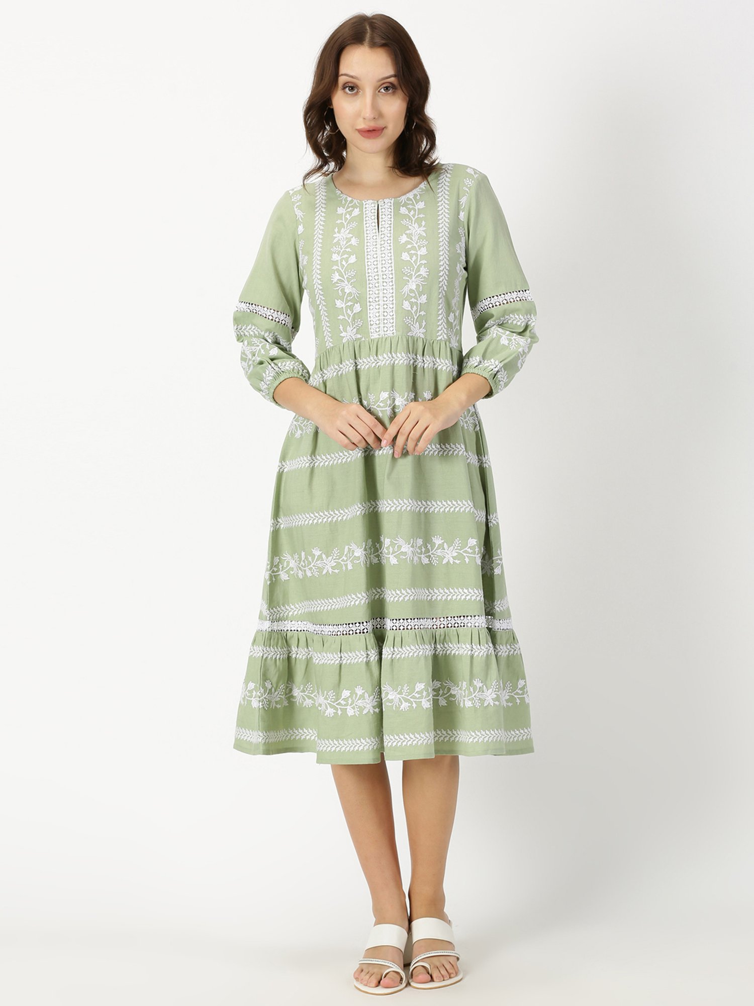 Saffron Threads Green Cotton Embroidered Ethnic Dress