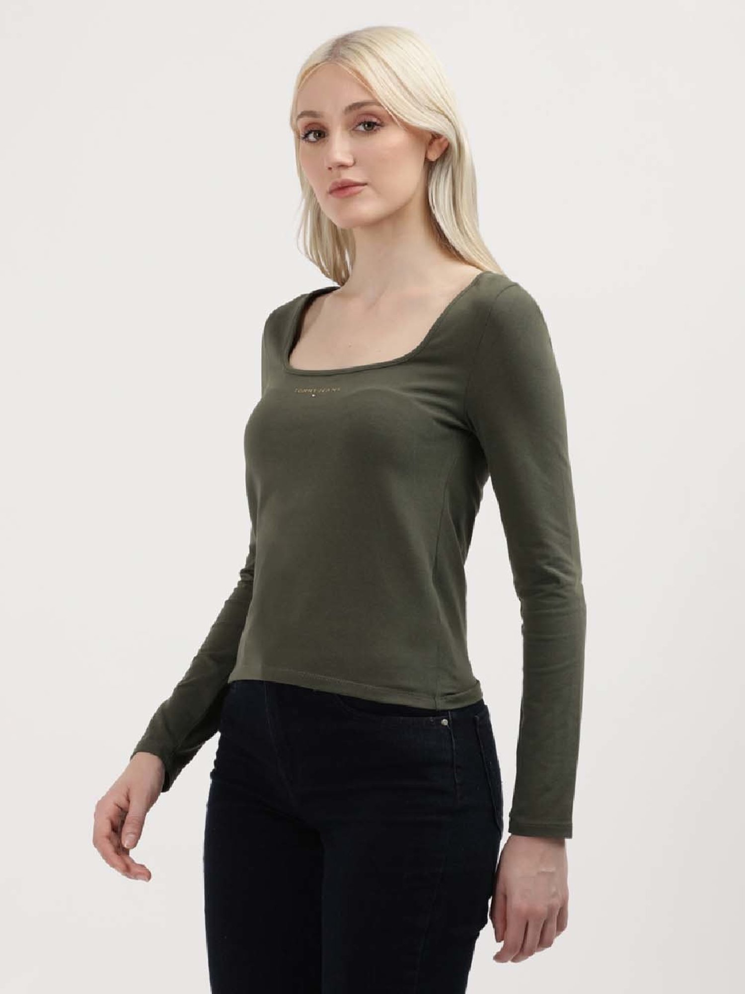 TOMMY HILFIGER Fatigue Green Cotton Logo Print Top