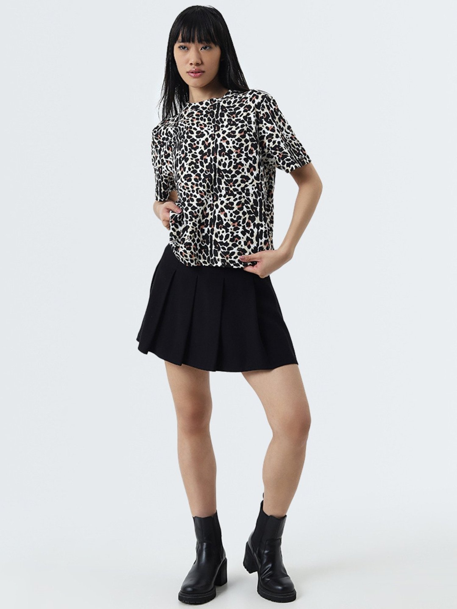 Nuon by Westside White & Black Animal Printed Cotton T-Shirt