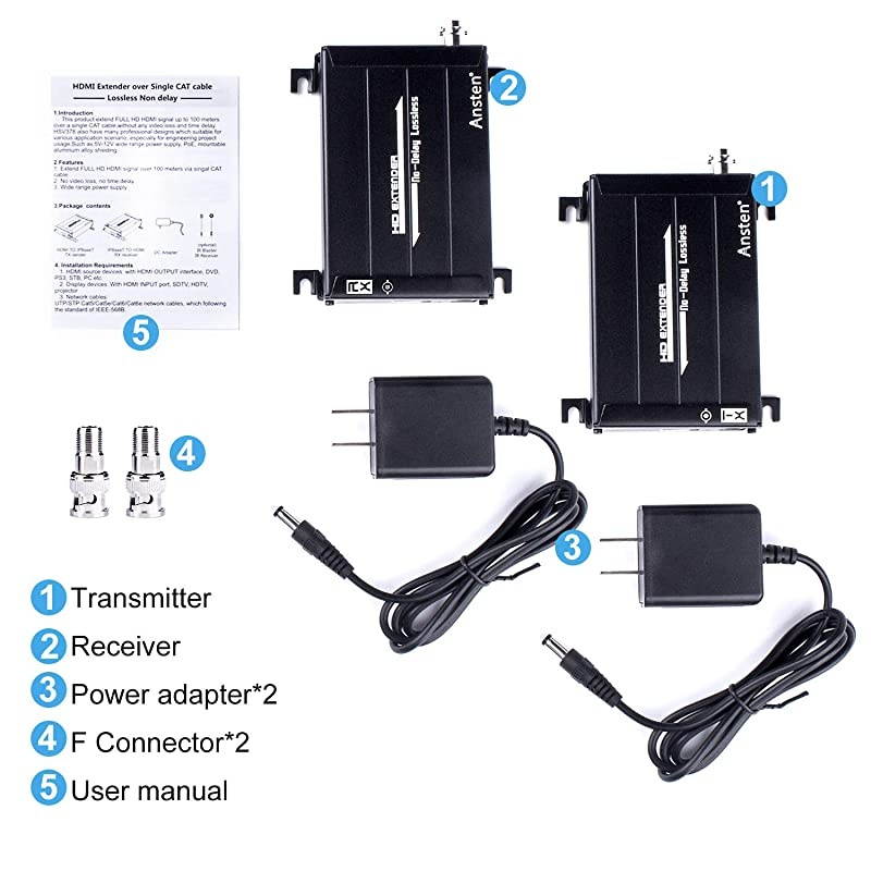 HDMI Over Coax Extender HDMI Transmitter and Receiver Support 1080P Full HD HDMI Signal Lossless No Delay Up to 300m984FT HDMI Extender Via Coaxial Cable with BNC Port and F Connector
