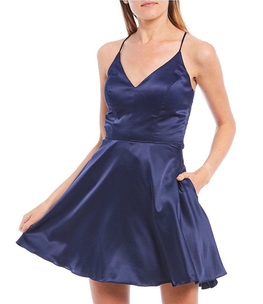 B. Darlin Satin Lace-Bra-Back Fit-and-Flare Dress