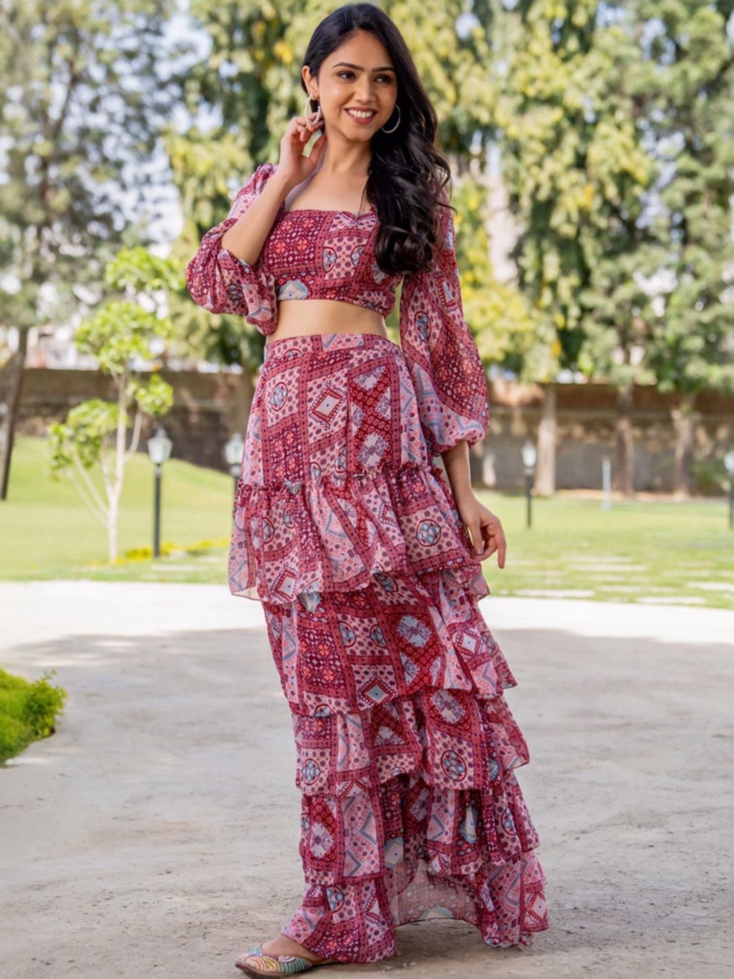 HOUSE OF JAMOTI Purple Printed Crop Top Skirt Set