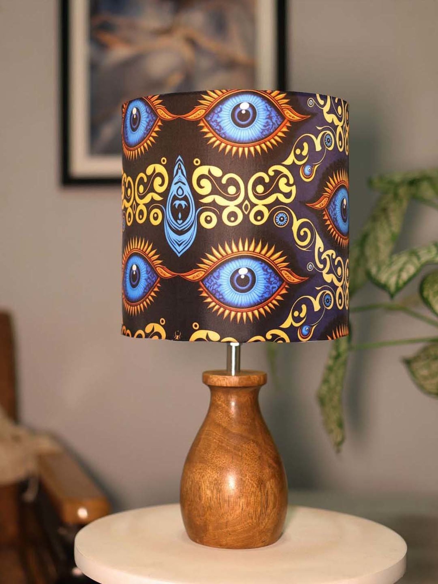 Homesake Beauty in Eye Multicolor Wood Dovel Pot Table Lamp with Fabric Lampshade