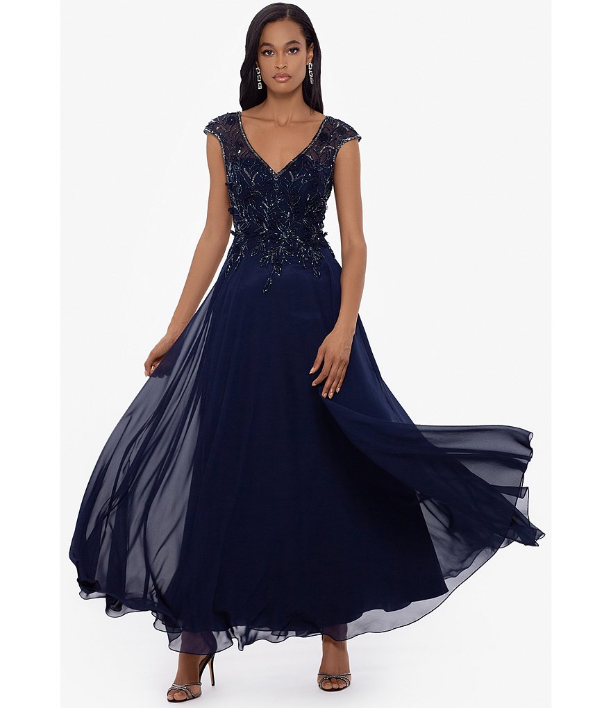 Xscape V-Neck Cap Sleeve Beaded Bodice Chiffon Gown