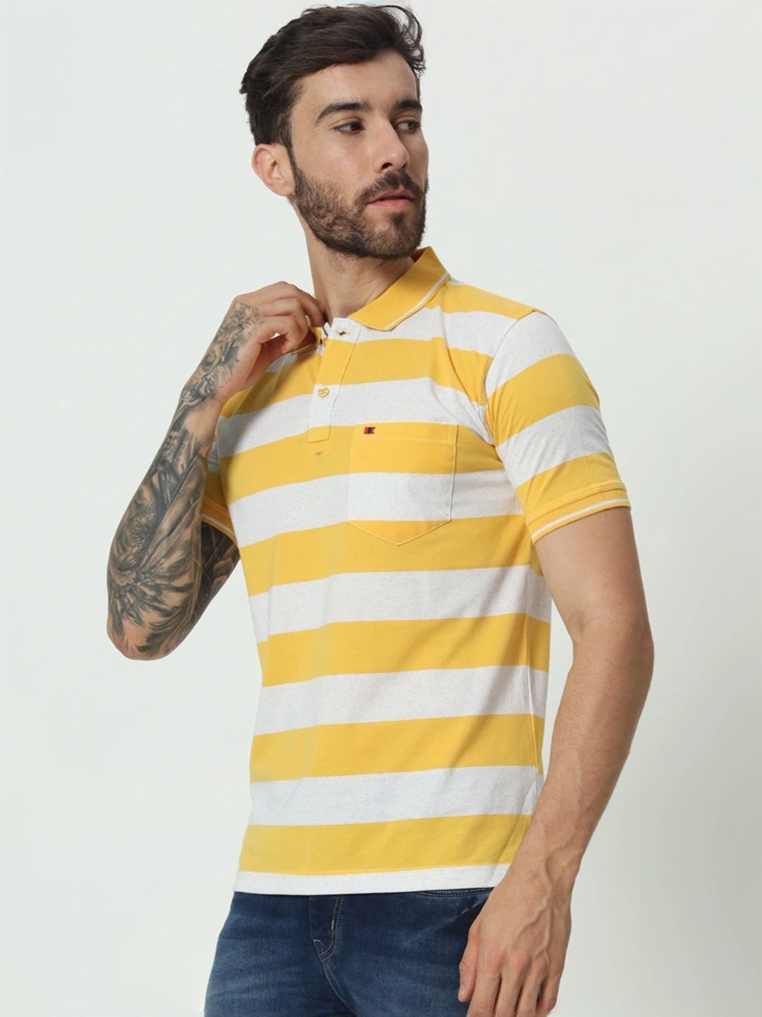Tab91 Yellow Regular Fit Striped Polo T-Shirts