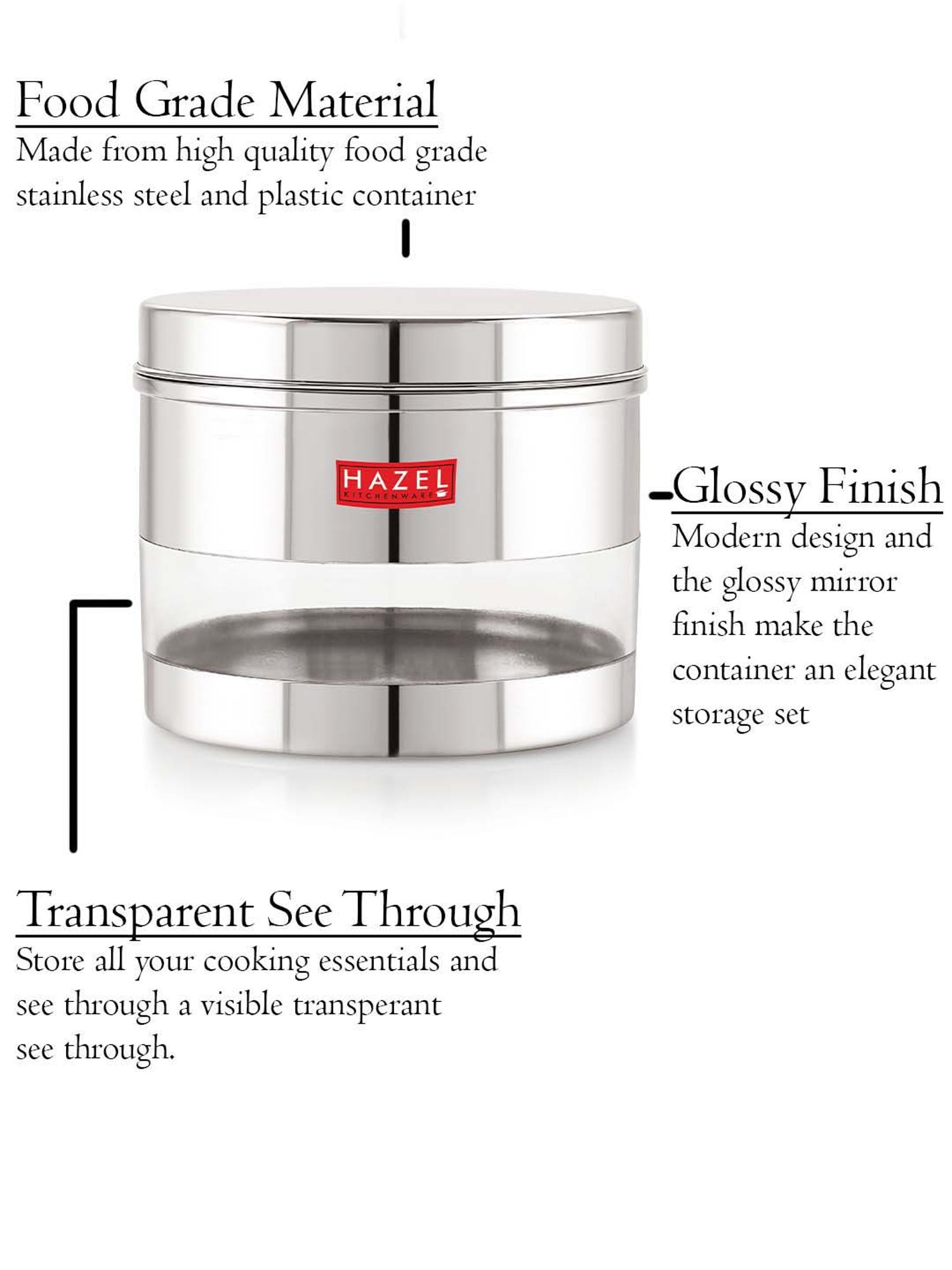 HAZEL Silver Stainless Steel Kitchen Storage Jar (1100 ml) - Set of 1