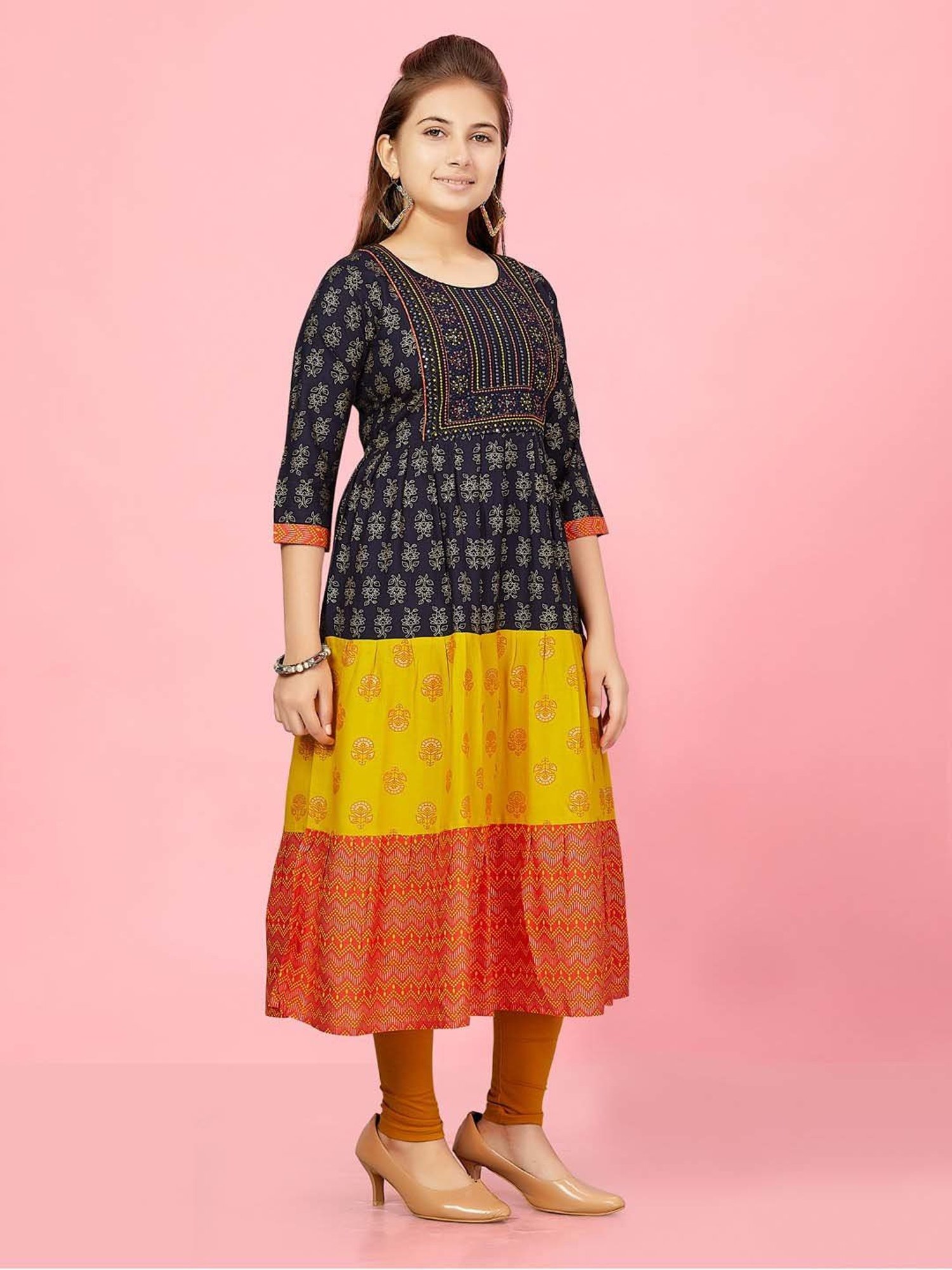 Aarika Kids Navy & Yellow Cotton Embroidered Kurti