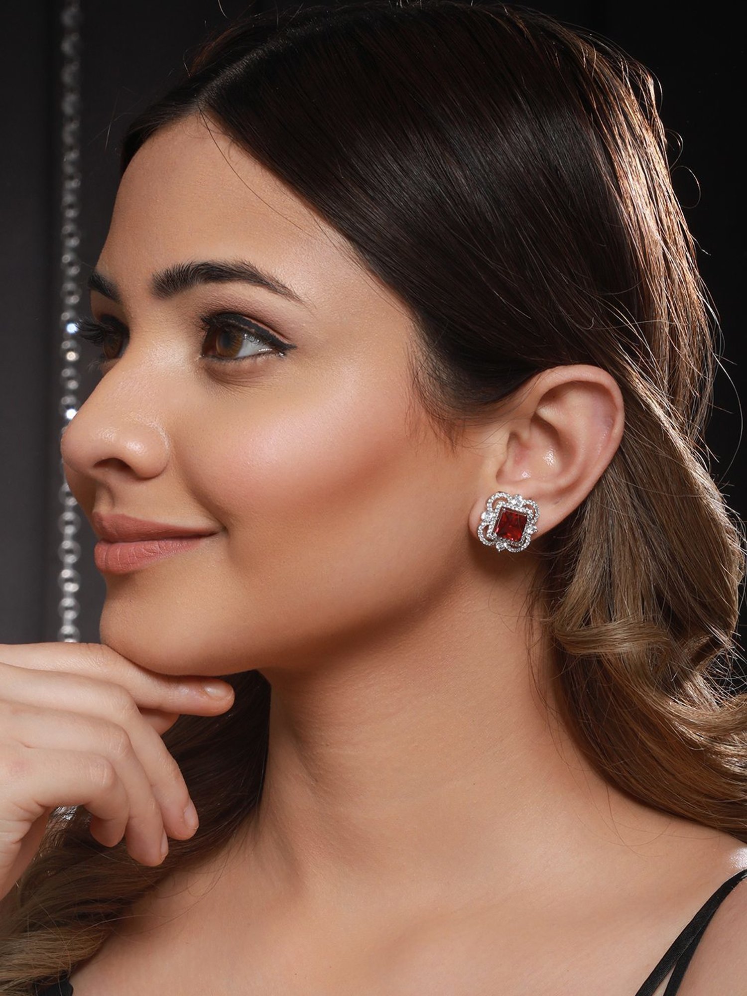 Saraf RS Jewellery Silver Red AD Studded Minimal Studs Earrings