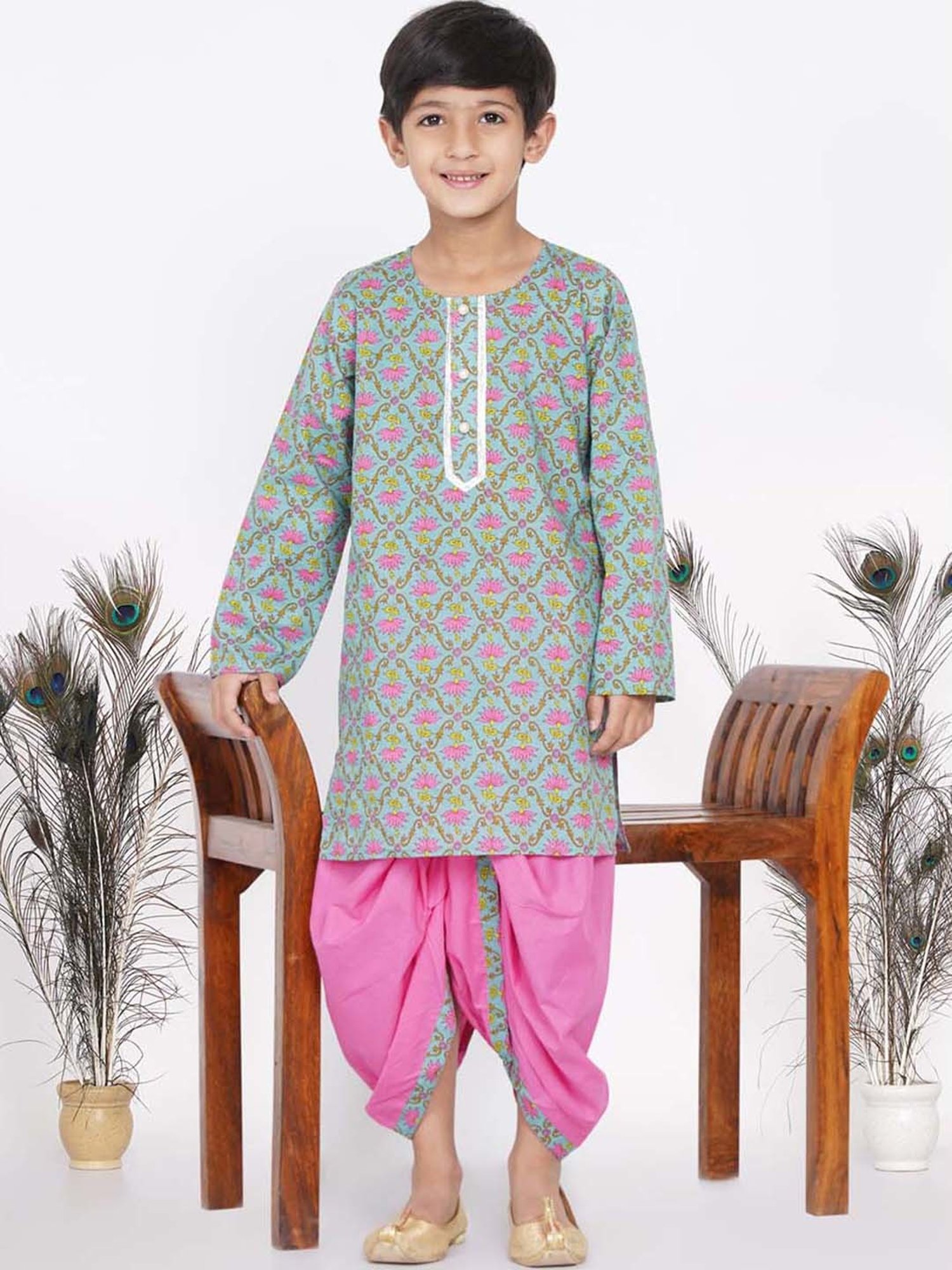Little Bansi Kids Green & Pink Cotton Floral Print Kurta Set