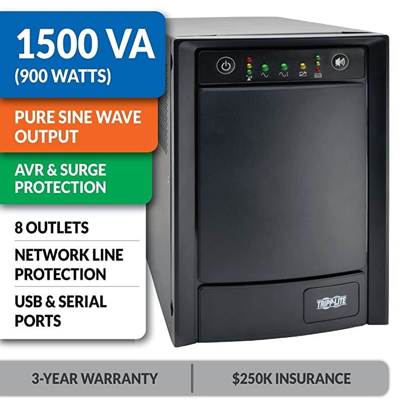 1500VA Sine Wave UPS Back Up, 900W Line-Interactive, Tower, USB, DB9, 8 Outlets (SMC1500T)