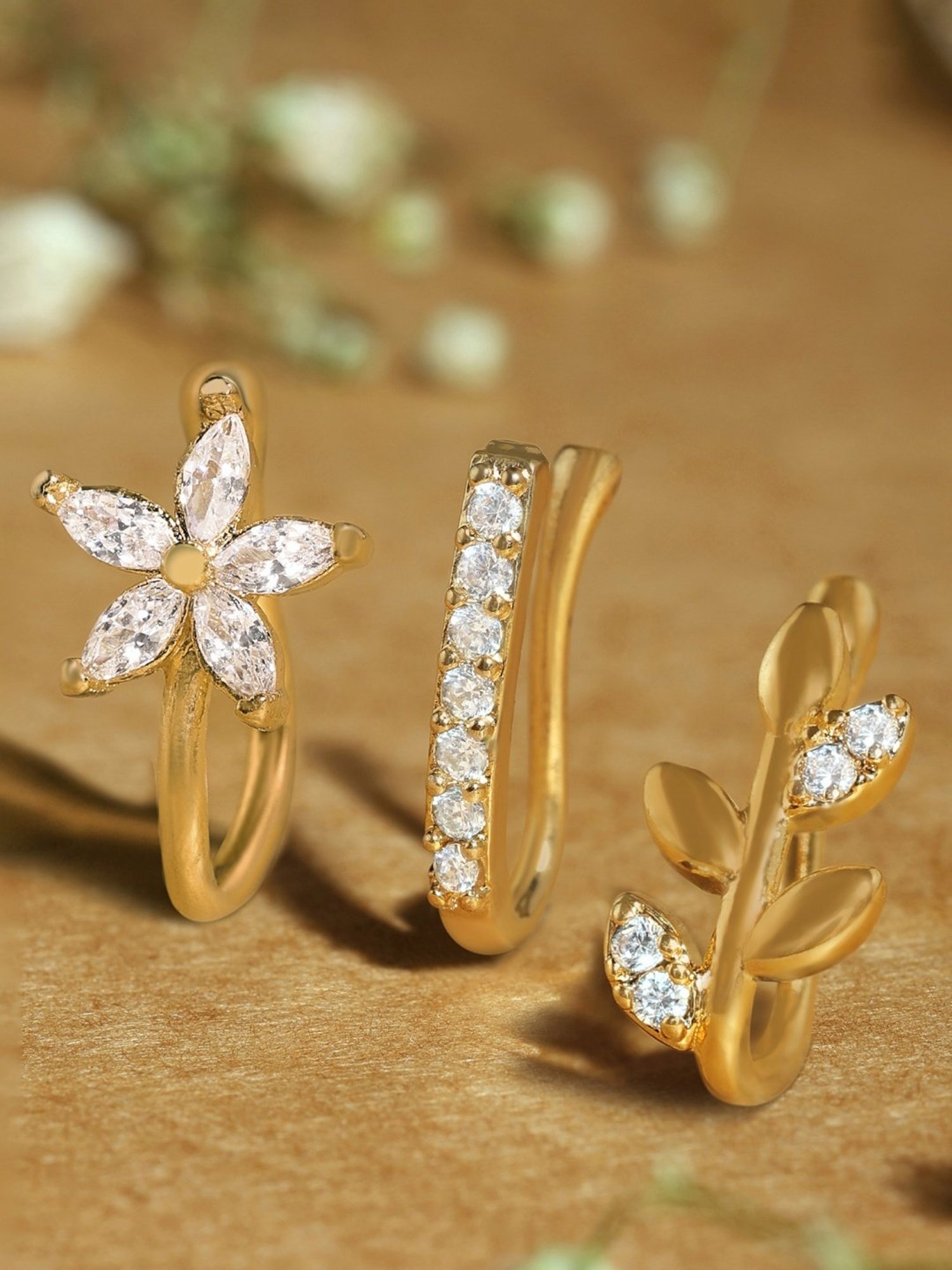 Zaveri Pearls Set of 3 Gold Tone Cubic Zirconia Contemporary Brass Clip On Nose Pins-ZPFK17365