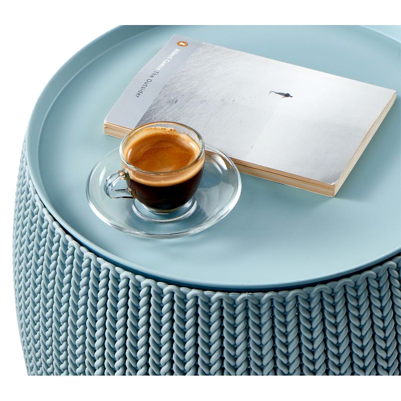 Urban Cozy Knit Outdoor Poufs and Table Balcony 3 Pc Set - Taupe/Blue - Keter