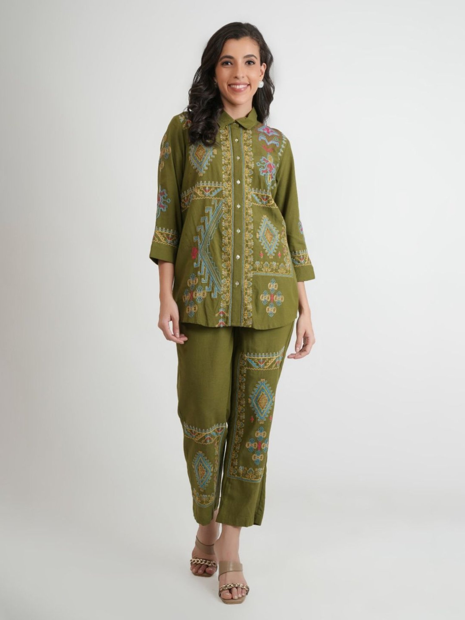 Kaftanize Green Chakori Printed Shirt And Pant