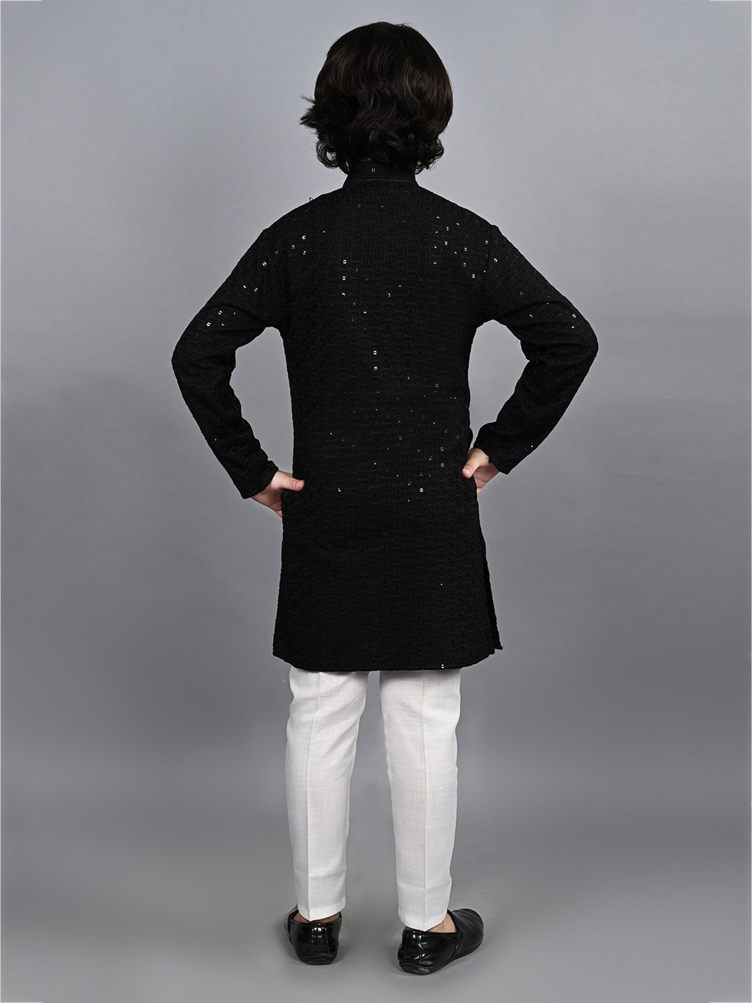 Ahhaaaa Kids Black & White Embellished Full Sleeves Kurta With Pyjamas