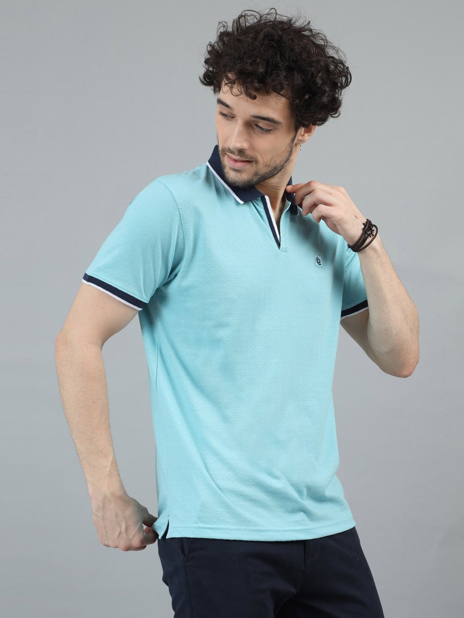 Bushirt Aqua Blue Regular Fit Self Design Cotton Polo T-Shirt