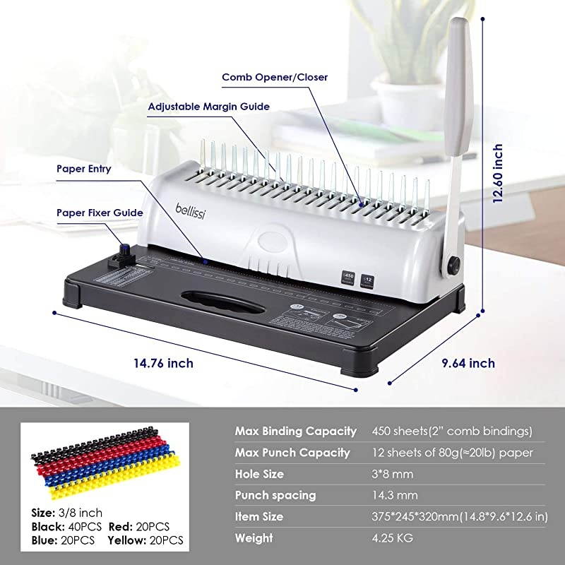 Machines Combs 21 Hole 450 Sheets Paper Punch Binder Spiral Machine 19 Hole Fit Letter Size with 100 PCS Colorful Comb Coil