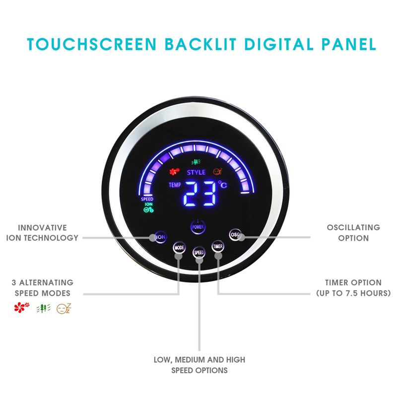 Vie Air 50 Inch Luxury Digital 3 Speed High Velocity Tower Fan with Fresh Air Ionizer and Remote Control in Black