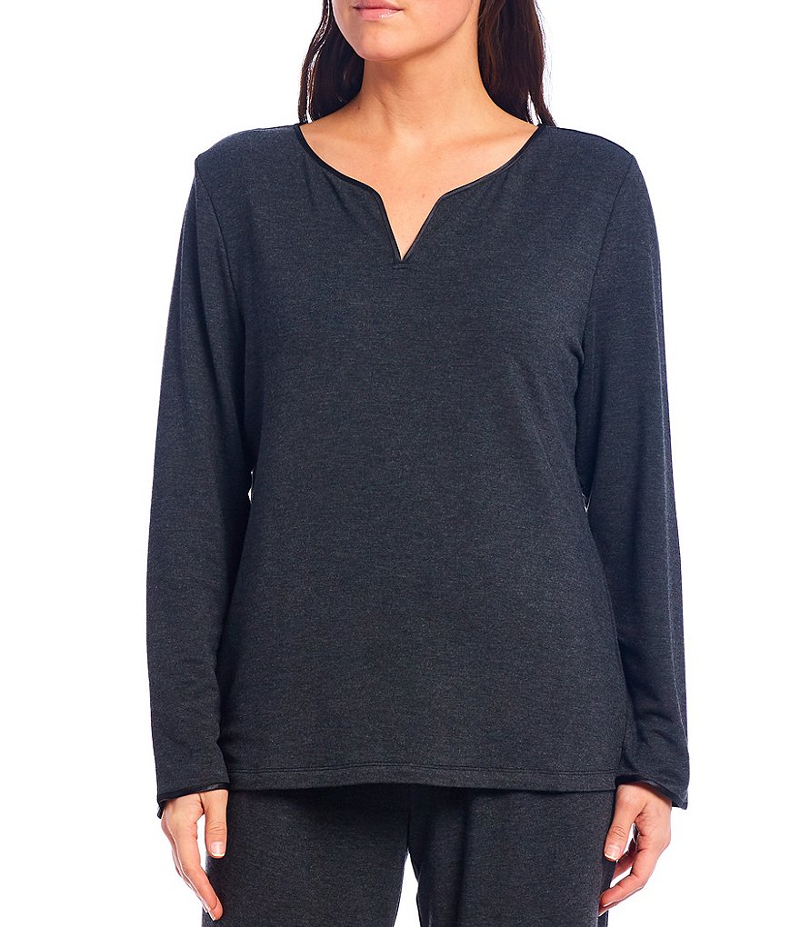 Cabernet Solid French Terry Notch V-Neck Long Sleeve Sleep Top