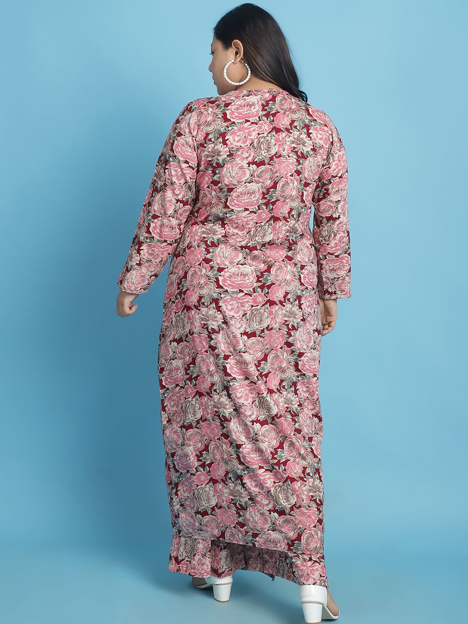 theRebelinme Maroon Floral Print Long Shrug