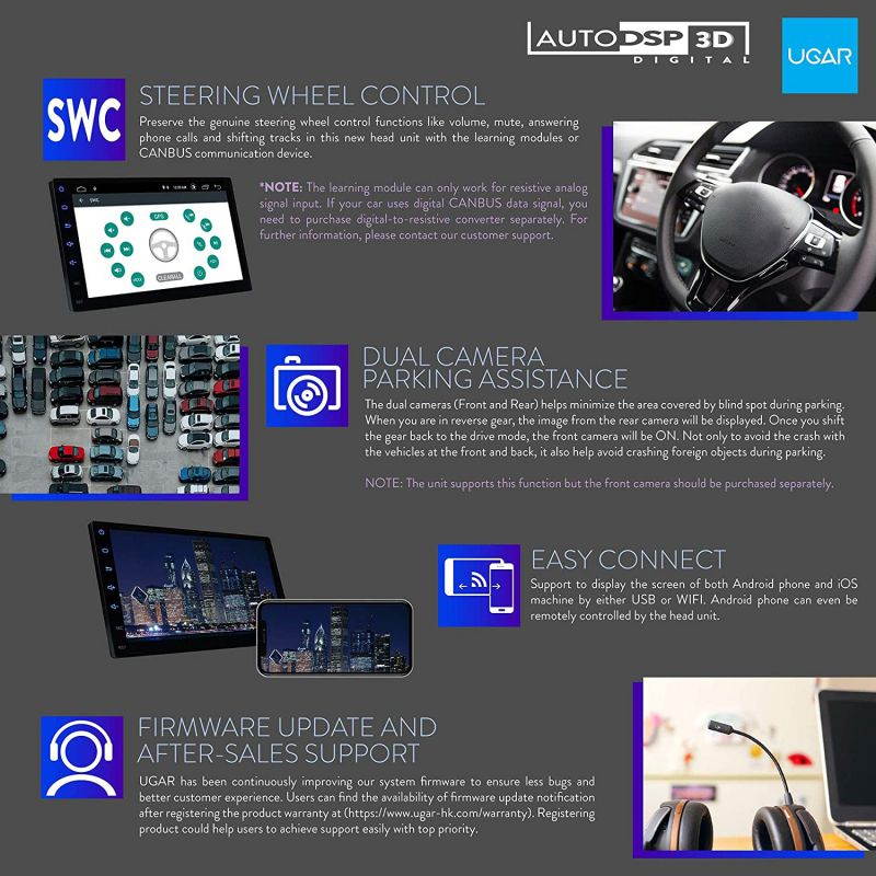 UGAR EX10-DSP 7" Android 10.0 Car Stereo 2GB 16GB with Front & Rear View Camera Head Unit Bluetooth WiFi Double Din Radio Car Audio Indash GPS Navigation Touch Screen