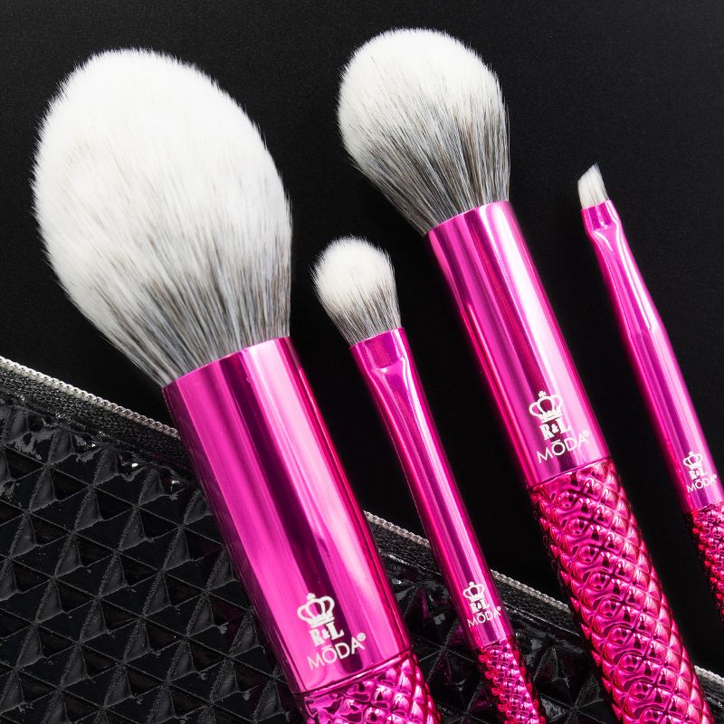 MODA Brush Metallics 5pc Picture Perfect Pink Makeup Brush Set with Black Studded Zip Case, Includes - Blush, Contour, Shader and Angle Liner Brushes