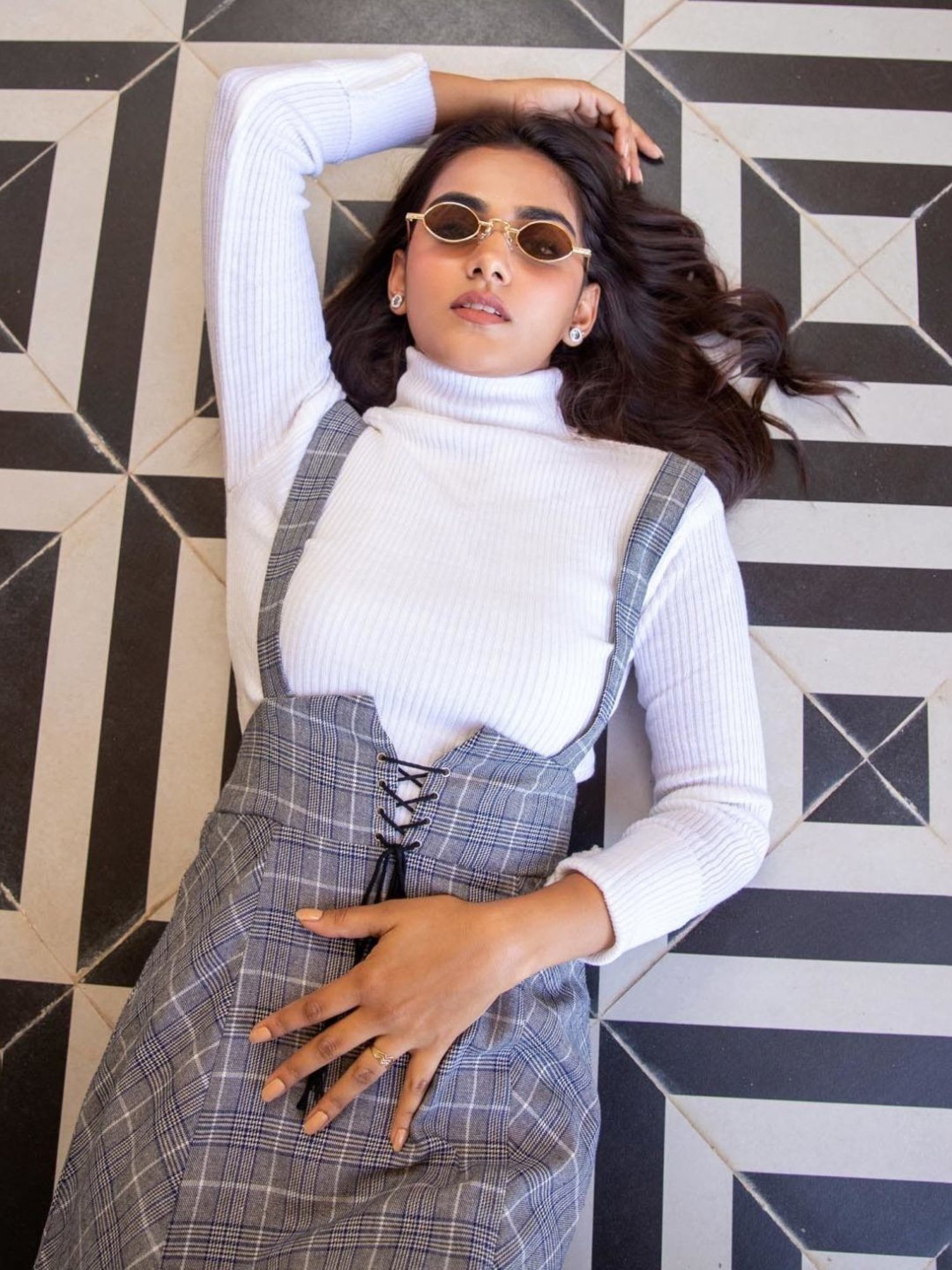 BInfinite Grey Black Checkered Dungaree Dress