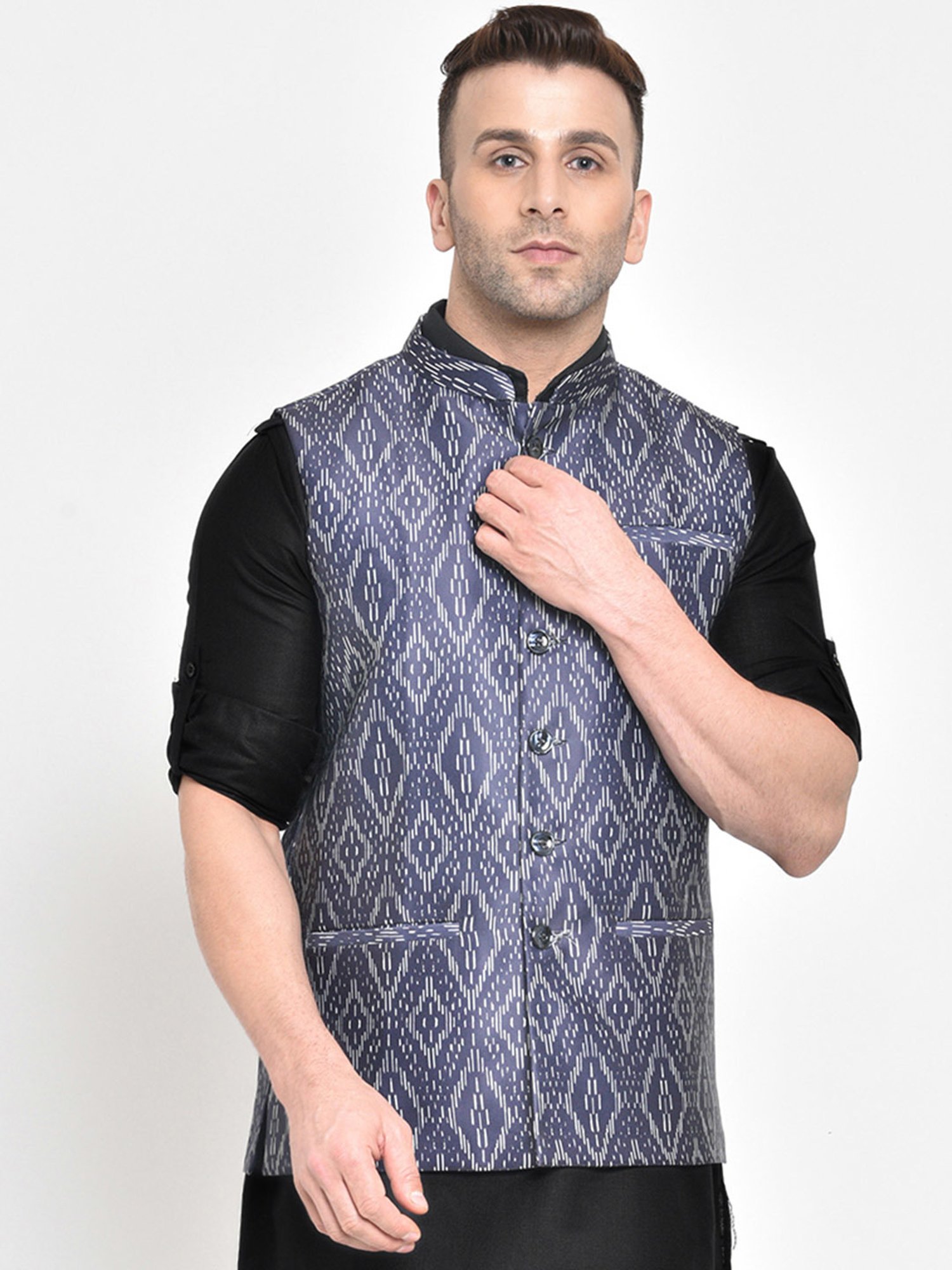 Hangup Plus Grey Regular Fit Printed Nehru Jacket