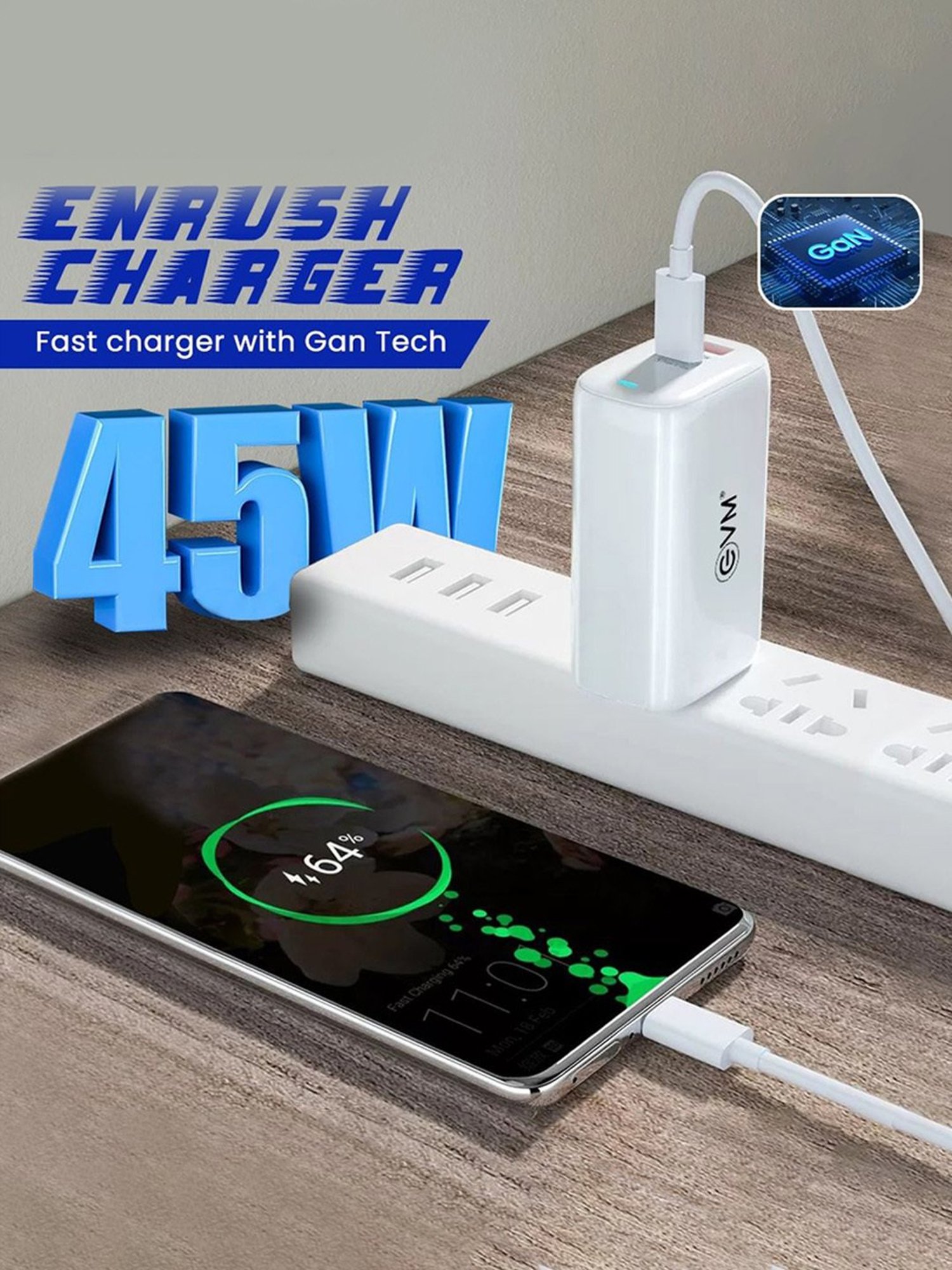 EVM Enrush 45W Gan Charger with BIS Certified, Type C Input, USB A & Type C Output (White)