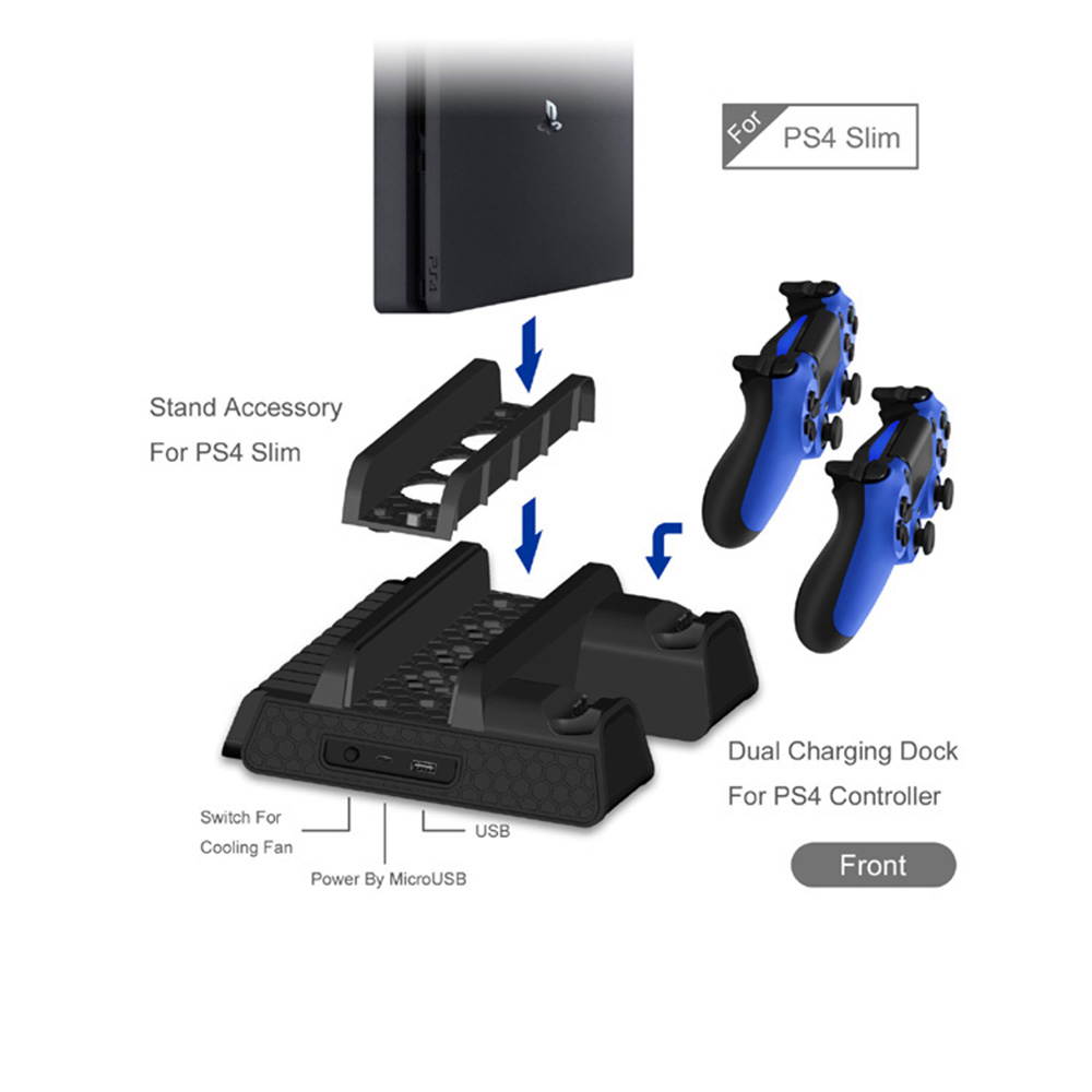 New PS4 Pro Slim Vertical Stand + Cooling Fan Game Holder Charger Charging Dock