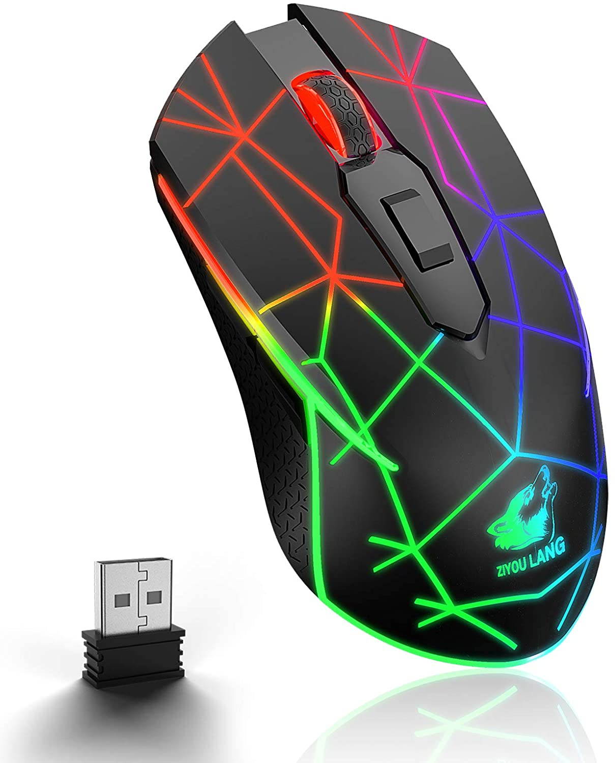 Wireless Gaming Mouse with 2.4Ghz USB Receiver Rainbow RGB Backlight Adjustable DPI Silent Click Rechargeable Ergonomic 6 Buttons Gaming Mouse for Computer Laptop PC Mac Gamer Office Use