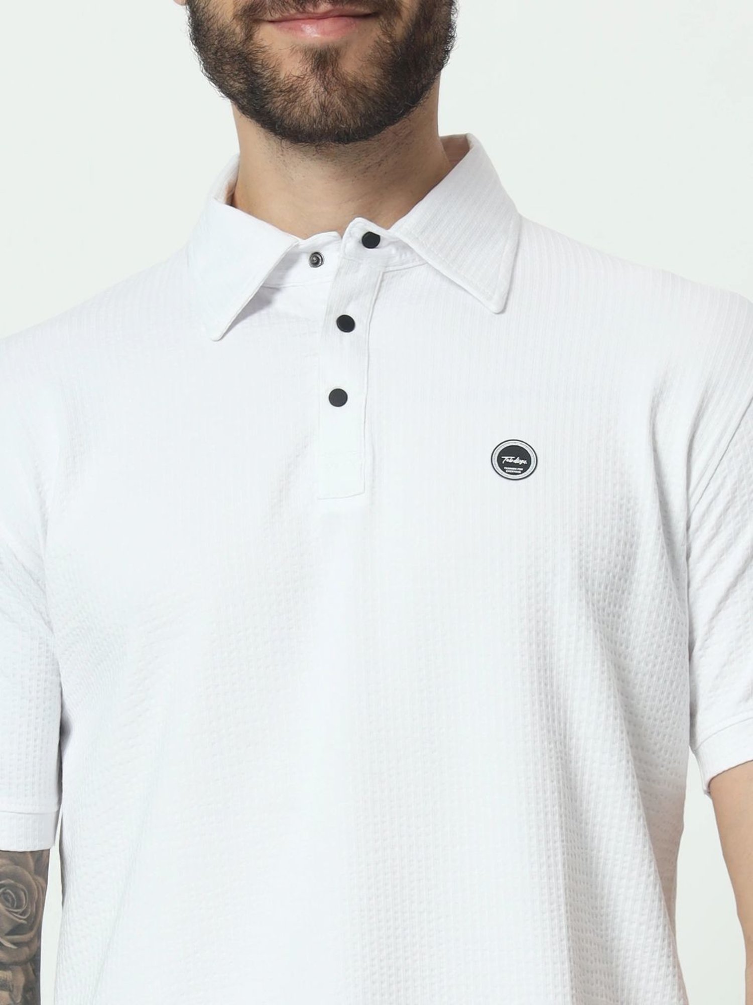 Tab91 White Regular Fit Self Pattern Polo T-Shirts