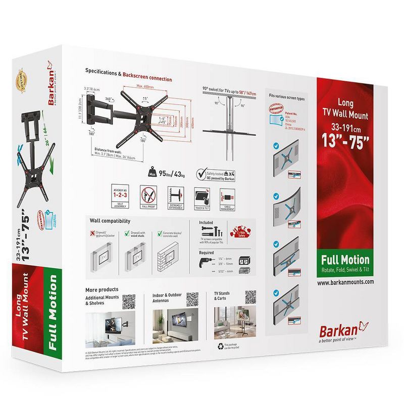 Barkan 13 - 75 " Full Motion - 4 Movement Long Premium Flat / Curved TV Wall Mount Black
